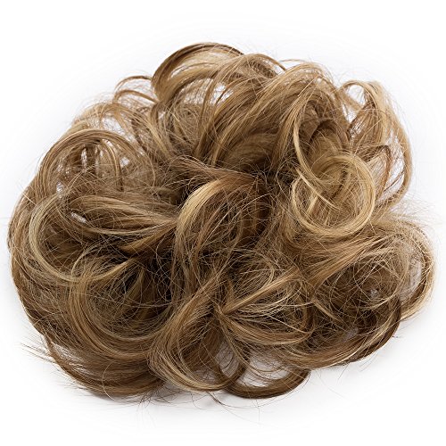 SEGO Moño Postizo Rizado con Goma Pelo Sintético Se Ve Natural [Castaño Claro a Rubio Ceniza] Recogido Coletero Peinado Alto Extensiones de Cabello Coleta Postiza Pelucas (25g)