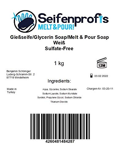 Seifenprofis© Jabón de glicerina sin SLS/SLES, 1 kg, color blanco