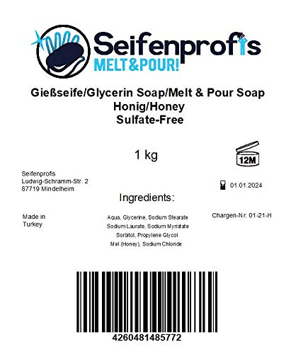 Seifenprofis - Jabón de miel - Jabón de glicerina crudo con base de jabón (sin SLS/SLES), transparente (1 kg de miel).