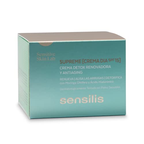 Sensilis Supreme Day Cream - Crema de Día Detox Renovadora, Antioxidante y Antiaging con Ácido Hialurónico y SPF15, para Pieles Secas y Normales - 50 ml