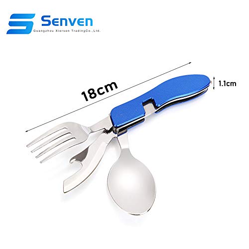 Senven® 4-en-1 Cubiertos Plegables, Vajilla Portátil de Acero Inoxidable para Camping, Vajilla Plegable Desmontable, Incluye Cuchillo, Tenedor, Cuchara y Abridor –– Azul