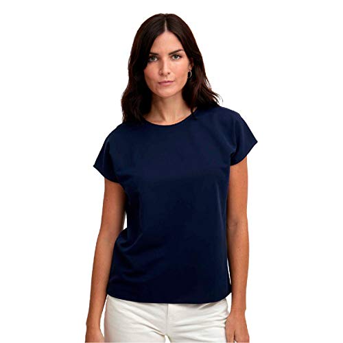 Sepiia Antiolor Antimanchas Antiarrugas Corte Holgado Cuello Redondo Camiseta Manga Corta para Mujer (Azul Marino - S)