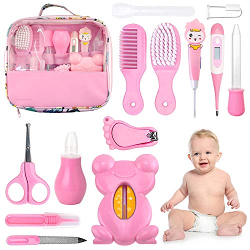 Set para Cuidado del Bebé HyAdierTech 13 piezas Conjunto de Aseo para Bebés Cuidado, Kit de Aseo Nail Clipper Tijeras Cepillo de Pelo Peine Manicura Termómetro, Perfecto para Recién Nacido (Rosado)