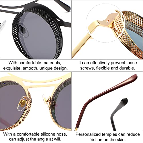SHEEN KELLY Gafas de sol Steampunk circulares de gran tamaño vintage para hombres y mujeres, lentes de gradiente de marco de metal con escudo lateral Retro