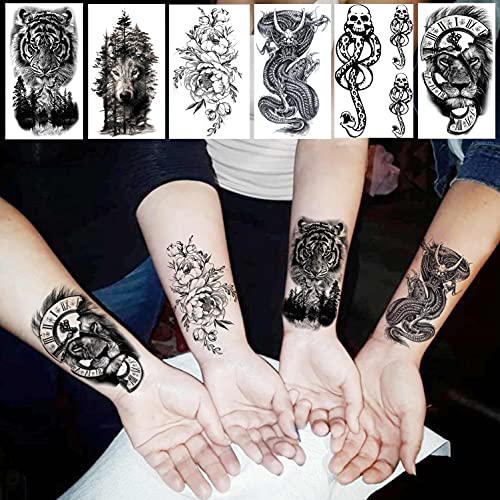 Shegazzi 52 Hojas Tatuajes Temporales Adultos Mujer Hombre Negro Realista León Tigre Gángster Cráneo Montaña Flor Tatuajes Falsos Niños Niñas Brazo Mano Cuello Tobillo Impermeable Tatuajes Adhesivos