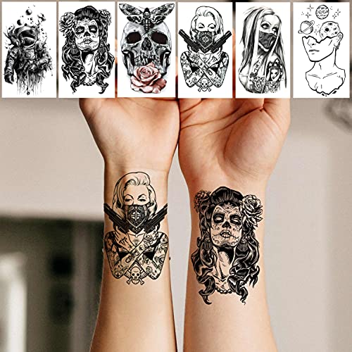 Shegazzi 52 Hojas Tatuajes Temporales Adultos Mujer Hombre Negro Realista León Tigre Gángster Cráneo Montaña Flor Tatuajes Falsos Niños Niñas Brazo Mano Cuello Tobillo Impermeable Tatuajes Adhesivos