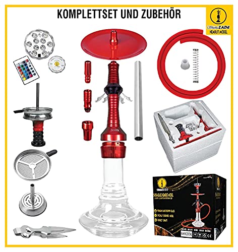 SHISHAZADE® Juego completo de cachimba de, Cachimba Shisha Hookah 71cm, LED con control remoto, manguera de silicona, Alicates, cabezal de tabaco, juego de cabezal de chimenea de, Aluminio set (ROJO)