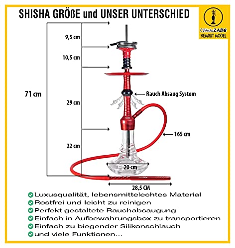 SHISHAZADE® Juego completo de cachimba de, Cachimba Shisha Hookah 71cm, LED con control remoto, manguera de silicona, Alicates, cabezal de tabaco, juego de cabezal de chimenea de, Aluminio set (ROJO)