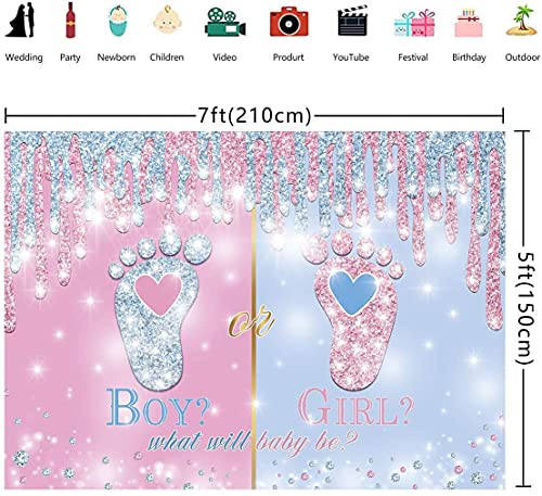 SHISHI Little Feet Gender Reveal telón de fondo rosa y azul niño o niña huella de bebé Gillter Diamond Fotografía Fondo recién nacido Baby Shower Party Banner 2.1 x 1.5 m