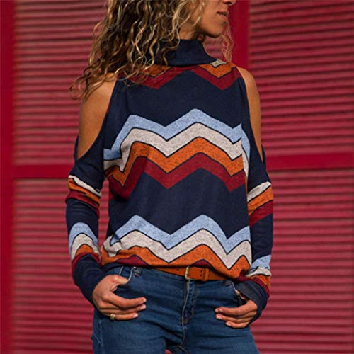 SHOBDW Mujeres Moda Primavera Otoño Frío Hombro Tallas Grandes Camisetas de Manga Larga Cuello Alto Suelta Oficina Señoras Blusa Vintage Geométrico Estampado Floral Jumper Señoras Top(Armada,M)