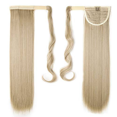 Silk-co Coleta Postiza de Pelo Sintético Liso con Clips Extensiones Cola de caballo Recto Largo postizo Cola de Caballo Extensiones Envolventes #Rubia & Rubia Pálida (58cm,90g)