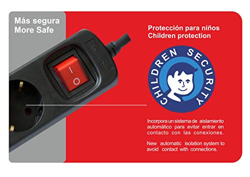 Silver Electronics - Regleta enchufe con 5 tomas con interruptor, Negro, 5 Enchufes, Cable de 1,5 metros, Protección Infantil, Toma de tierra, con protección sobretensiones