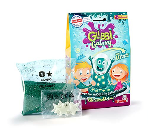 Simba Glibbi Galaxy 105953492 - Juguete para bañera, Convierte el Agua en Slime galáctico, 150 g, con 10 Estrellas Que Brillan en la Oscuridad, diversión en el baño, a Partir de 3 años