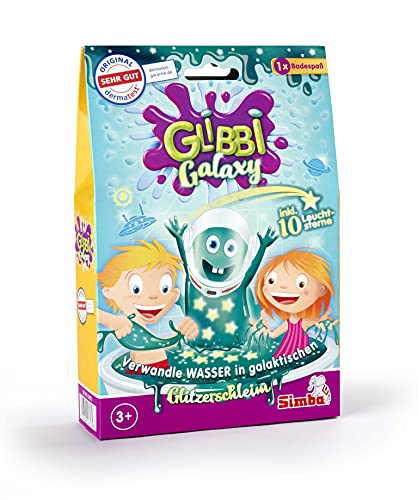 Simba Glibbi Galaxy 105953492 - Juguete para bañera, Convierte el Agua en Slime galáctico, 150 g, con 10 Estrellas Que Brillan en la Oscuridad, diversión en el baño, a Partir de 3 años