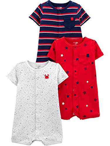 Simple Joys by Carter's 3-Pack Snap-up Rompers Mameluco, Rojo/Blanco/Azul, 0 Meses, Pack de 3