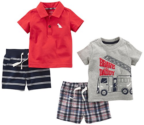 Simple Joys by Carter's - Juego de ropa de juego para niños (4 piezas) ,Red Plaid/Fire Truck/Blue Stripe ,18 Months