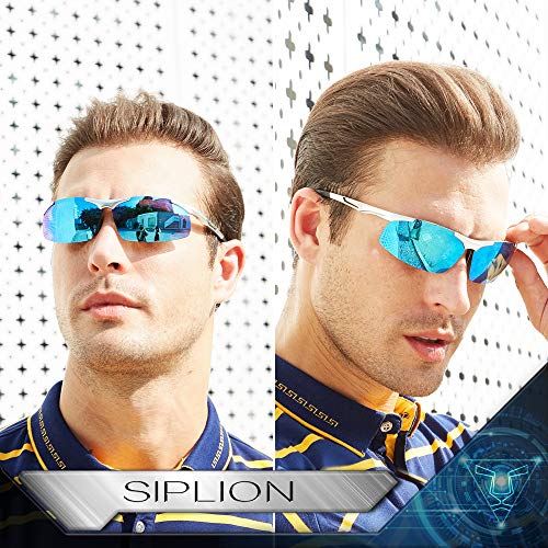 SIPLION Gafas de Sol Polarizadas Hombre para Conducir Deportes ultraligero marco de metal irrompible 100% UV400-8729 Plateado+Azul