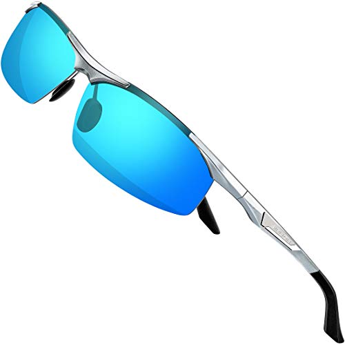 SIPLION Gafas de Sol Polarizadas Hombre para Conducir Deportes ultraligero marco de metal irrompible 100% UV400-8729 Plateado+Azul