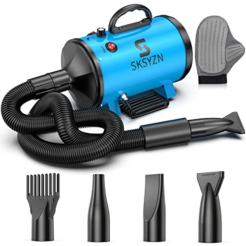 SKSYZN Secador de Pelo para Perros 3200w/4.3HP Ruido bajo Calor Ajustable y Velocidad con 1 Guante, Manguera de 2.5 M, 4 boquillas Perro Pelo Secador Profesional