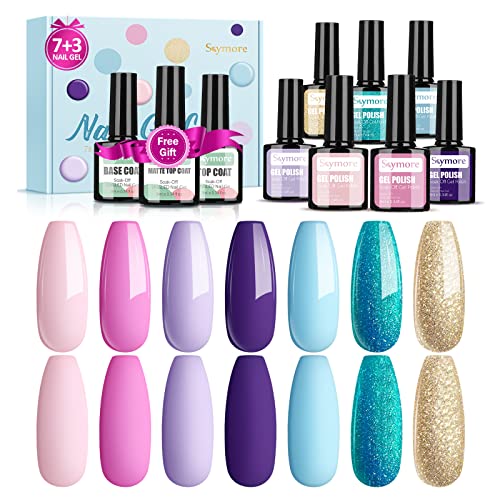 Skymore Esmaltes Semipermanentes, 7 Colores Uñas de Gel UV con Base, Capa Superior Brillante y Mate, Set de Esmaltes de Uñas Otoño Invierno Gel