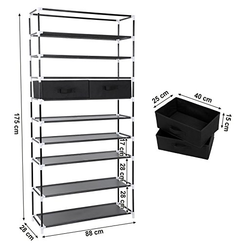 SONGMICS Zapatero de Tela 10 Niveles Organizador con 2 Cajas de Almacenamiento Funda con Cremalleras 88 x 28 x 175 cm Negro RXA10H