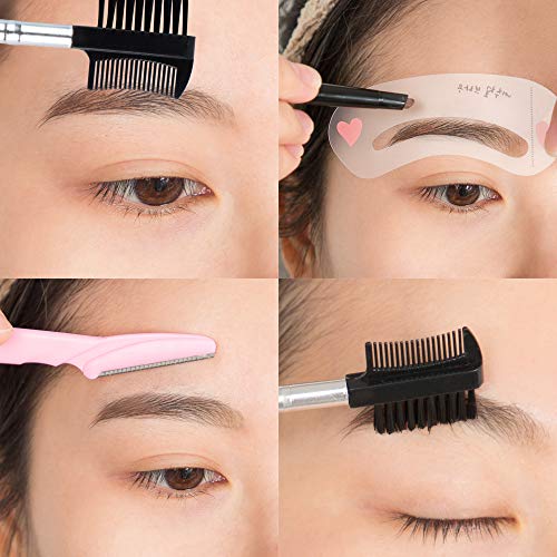 Sonku - 18 cuchillas de afeitar de precisión facial para cejas, recortadora de seguridad con cubierta, 2 brochas para cejas y 6 plantillas para peluquería de cejas para mujeres y hombres