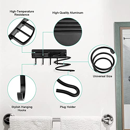 Soporte para secador de pelo montado en la pared, estante en espiral, soporte para colgar en la ropa, organizador de almacenamiento y baño con tres ganchos de aluminio plateado (negro)