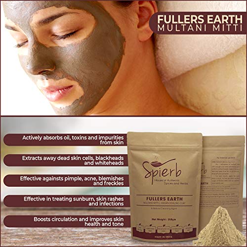 Spierb Fullers Earth Polvo - 250gm - de Arcilla India Arcilla Bentonita Multani Mitti Mud Powder para Pack facial Polvo de Arcilla Multani Puro 100% Natural Sin Productos Químicos Fullers Soil