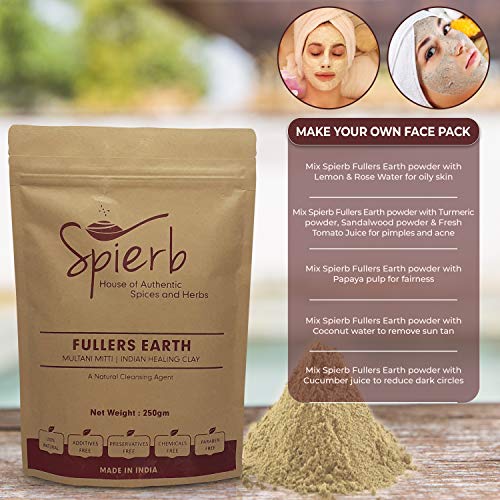 Spierb Fullers Earth Polvo - 250gm - de Arcilla India Arcilla Bentonita Multani Mitti Mud Powder para Pack facial Polvo de Arcilla Multani Puro 100% Natural Sin Productos Químicos Fullers Soil