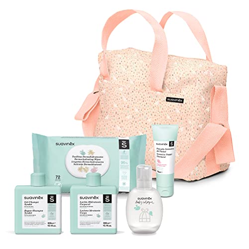 SUAVINEX Bolso de Cosmética Suavinex Gel-Champú Syndet 300Ml + Loción Hidratante 300ML + Pomada Intensiva de Pañal 75Ml + Nueva Baby Cologne 100Ml + Toallitas Dermohidratantes 72Ud, 5 Productos, Rosa