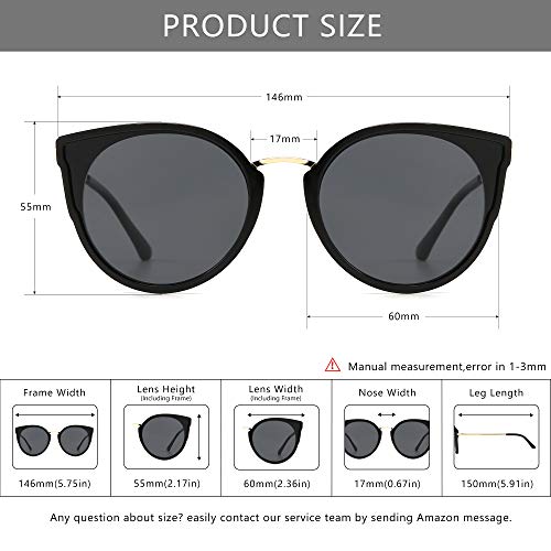 SUNGAIT Mujeres Ojo de Gato Polarizadas Vintage de Gran Tamaño UV-Protección Gafas de Sol(Acabado Brillante Del Marco de Lente Negro/Gris)