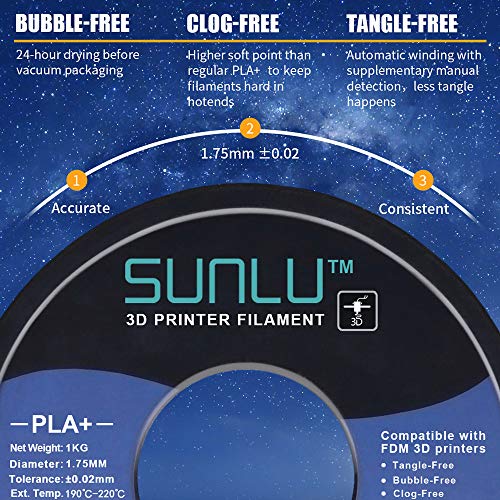 SUNLU PLA Plus Filamento 3D 1,75 mm para impresora 3D y bolígrafos 3D, 1 KG (2,2 LBS) PLA+ Tolerancia de filamento Precisión +/- 0,02 mm, Negro