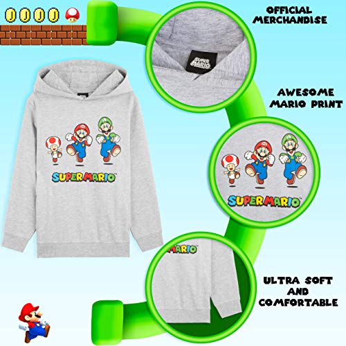 SUPER MARIO Sudadera Niño con Capucha, Sudadera Gris con Personaje Mario Bros y Luigi, Merchandising Oficial Regalos para Niños y Adolescentes Edad 3-14 Años (Gris, 9-10 Años)