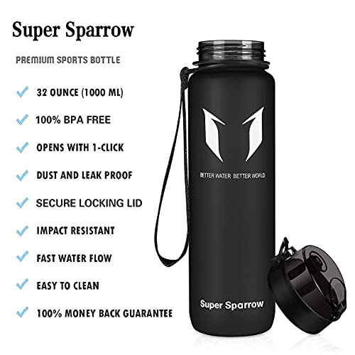 Super Sparrow Botella de Agua Deportiva - 500ml - Sin BPA (Mate- Negro)