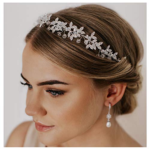 SWEETV Accesorios para el cabello de plata Flor nupcial Rhinestone Bandas para el cabello Diadema Tiara Flectional