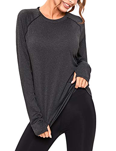 Sykooria Camiseta Deportiva Mujer de Manga Larga Sin Costuras Sudaderas Fitness Transpirable Suave Ropa Deportiva para Mujer-Negro-L