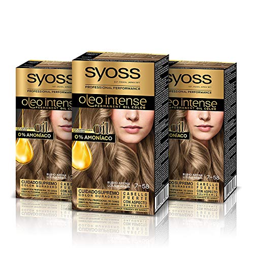 Syoss Oleo Intense - Tinte 7-58 Rubio Arena – Coloración permanente Sin Amoníaco – Cobertura profesional de canas – Resultados de peluquería (Pack De 3)