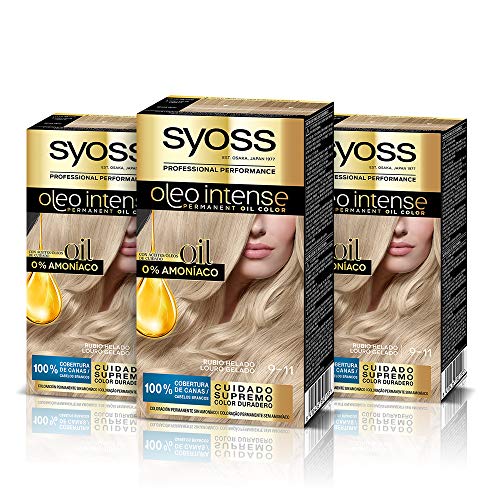 Syoss Oleo Intense - Tinte 9-11 Rubio helado – Coloración permanente Sin Amoníaco – Cobertura profesional de canas – Resultados de peluquería (Pack De 3)