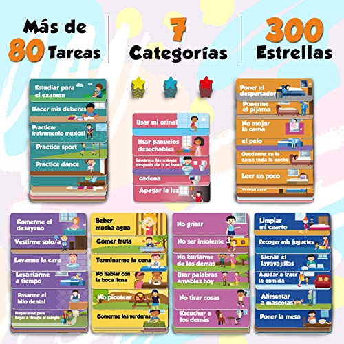 Tabla de Recompensas para Niños - Pizarra Magnética de Estrellas Inspira el Buen Comportamiento - para Pared o Frigorífico. Incluye 80+ Tareas y 300 Estrellas – Versión Actualizada, en Español