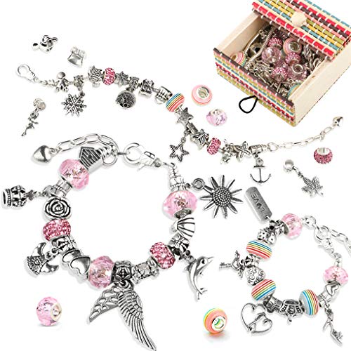 TBoonor regalo para niñas, con 50 cuentas colgantes y 3 tamaños de cadena de plata, Pulsera de para niña Kit de fabricación de Joyas para niña con Cuentas Juego de Regalo para niña 8-12 años (Rosa)