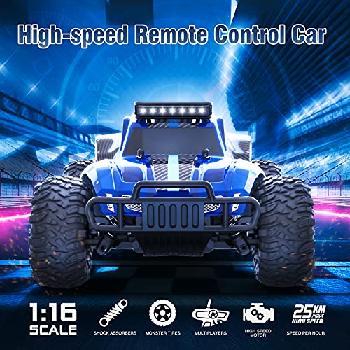 TEEROK Coche Teledirigido Todoterreno, 2.4Ghz Control Remoto Coche RC para Niños Adultos, 1:16 25Km/h Carreras de Alta Velocidad Off Road Buggy Vehículo Camión, Juguete Regalos para Niños 2 Baterías