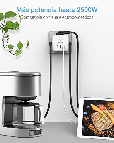 TESSAN Enchufe con USB, Ladron Enchufes Pared 3 USB y ladron 3 Tomas, 6 en 1 Cargador Cubo Enchufe USB Multiple con Interruptor Compatible con Phone, Práctico para Casa, Oficina y Viaje, Blanco