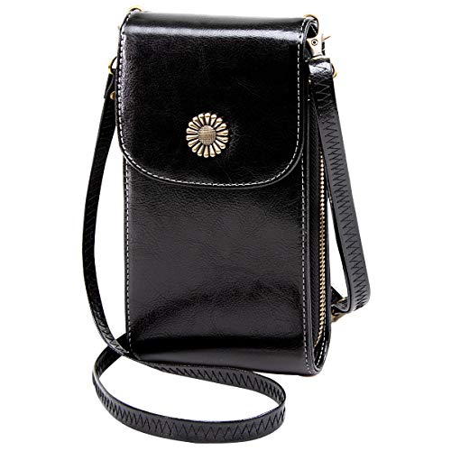 TEUEN Bolso de Teléfono Móvil para Mujer Cuero Pequeño con 5 Tarjetas Bolso Movil Mujer con Monedero, Mini Bolsa Bandolera Mujer de Auténtica Piel para Guardar Móvil de hasta 6,5" (Negro)