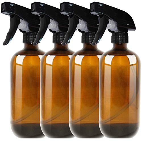 THETIS Botellas de Spray vacías de ámbar Boston de 500ml (4 Paquete de) - Contenedor rellenable con pulverizadores de gatillo, Tapas y Etiquetas, Frasco de Vidrio para aceites Esenciales