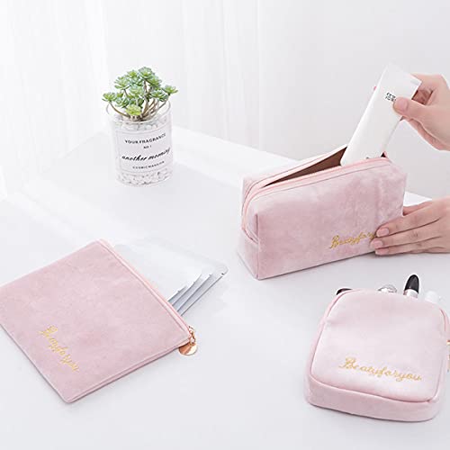 Timertick Neceser Mujer de Viaje, Bolsa de Aseo de Franela Bolsa de Maquillaje Bolsa de Cosméticos, 3 Tamaños para Diferentes Necesidades (Rosado)