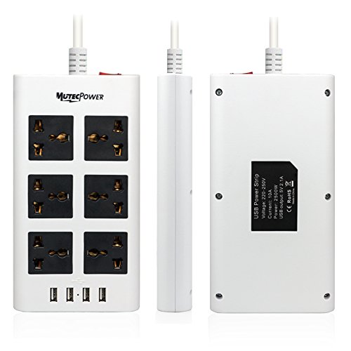 Tira de alimentación Universal de energía Mutec 6 Toma Corrientes y 4 Puertos USB - 100V a 220V / 250V y 2.500 vatios Surge Protector - con Interruptor de Circuito - para el Uso Mundial