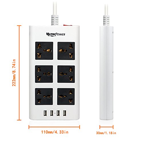 Tira de alimentación Universal de energía Mutec 6 Toma Corrientes y 4 Puertos USB - 100V a 220V / 250V y 2.500 vatios Surge Protector - con Interruptor de Circuito - para el Uso Mundial