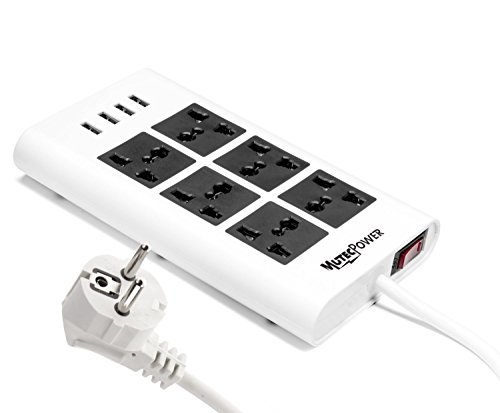 Tira de alimentación Universal de energía Mutec 6 Toma Corrientes y 4 Puertos USB - 100V a 220V / 250V y 2.500 vatios Surge Protector - con Interruptor de Circuito - para el Uso Mundial