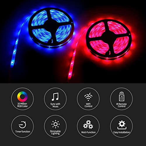 Tiras LED WIFI, 15M Luces LED SMD5050 RGB con 450 LEDs, Control de APP y Remoto Control, Sync con Música, 4 Modos de Brillo y 16 Colores