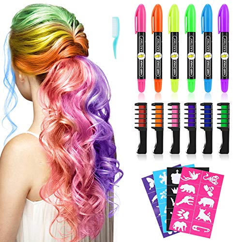 Tizas Para el Pelo, Kastiny 6 no Tóxico Colores Tizas Cabello& 6 cerosos Hair Chalk, con 32 plantillas de tatuajes Tiza de Colores para el Pelo carnaval Fiesta Navidad Halloween Cosplay y Performance